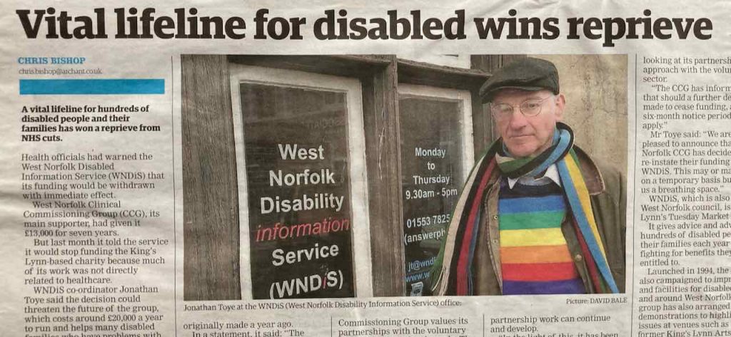 disability Jonathan Toye outside WNDiS Office in Tuesday Market Place King’s Lynn.